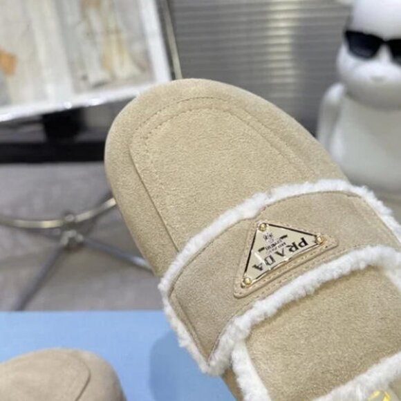 Prada Beige Suede Shearling Mules - Picture 6 of 8